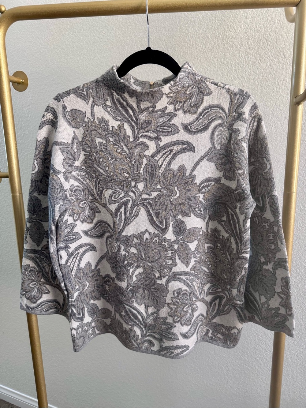 Chico’s Women's Gray Floral Mock-Neck Sweater